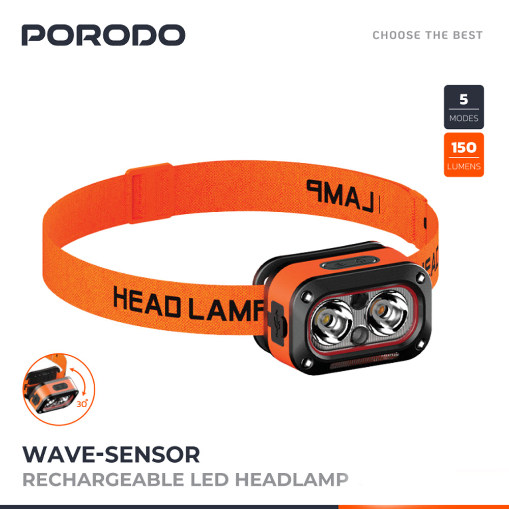 Porodo Wave Sensor Rechargeable LED Headlamp, Adjustable Angle & 5 Lighting Modes