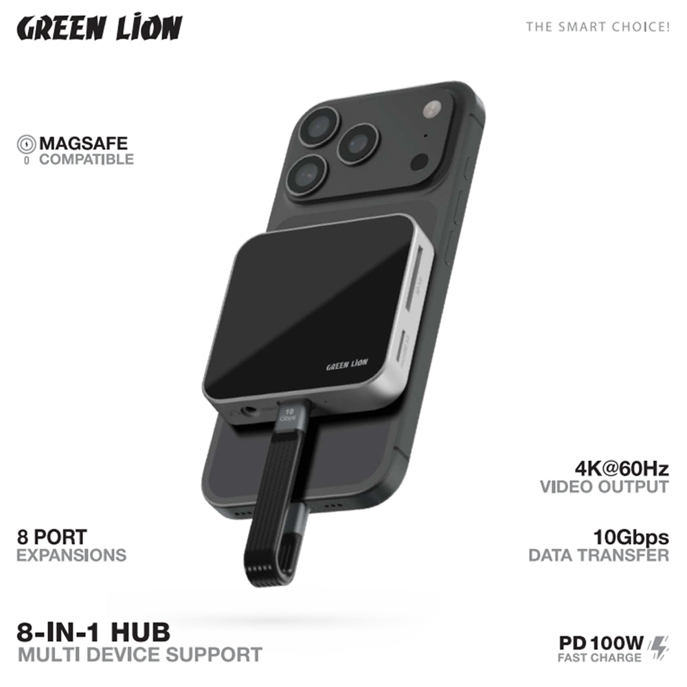 Green Lion 8-in-1 Magsafe USB-C Hub – 4K HDMI, 100W PD & Multi-Port