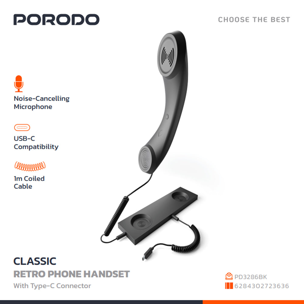 Porodo Classic Retro Phone Handset with Receiver - Type C Connecter