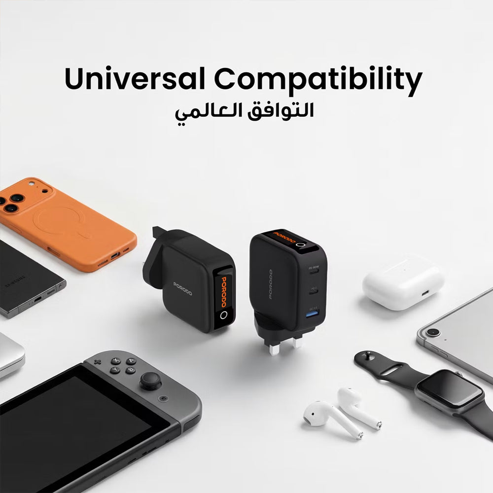 Porodo Nexora 65W 3-Port GAN Wall Charger with LCD Display