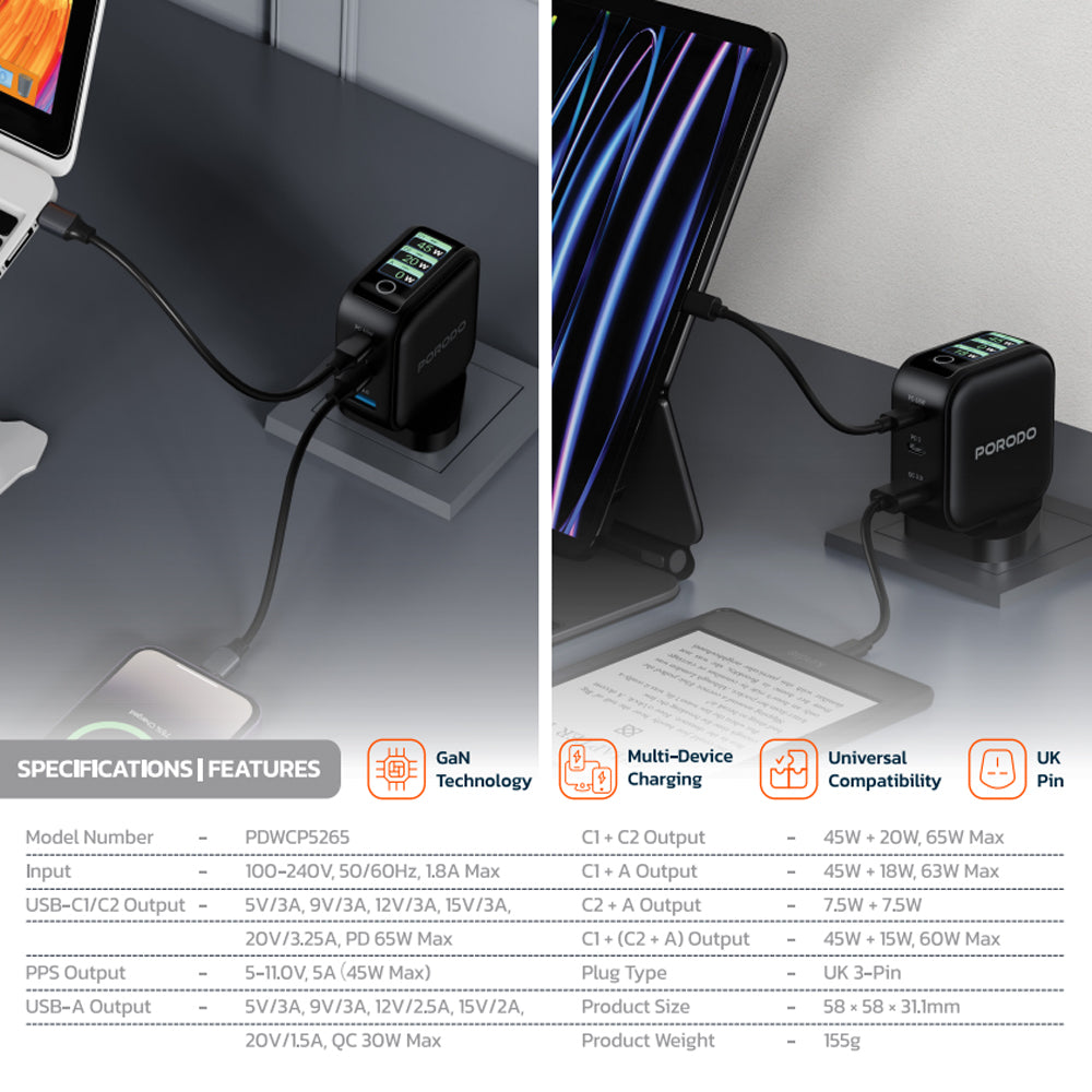 Porodo Nexora 65W 3-Port GAN Wall Charger with LCD Display
