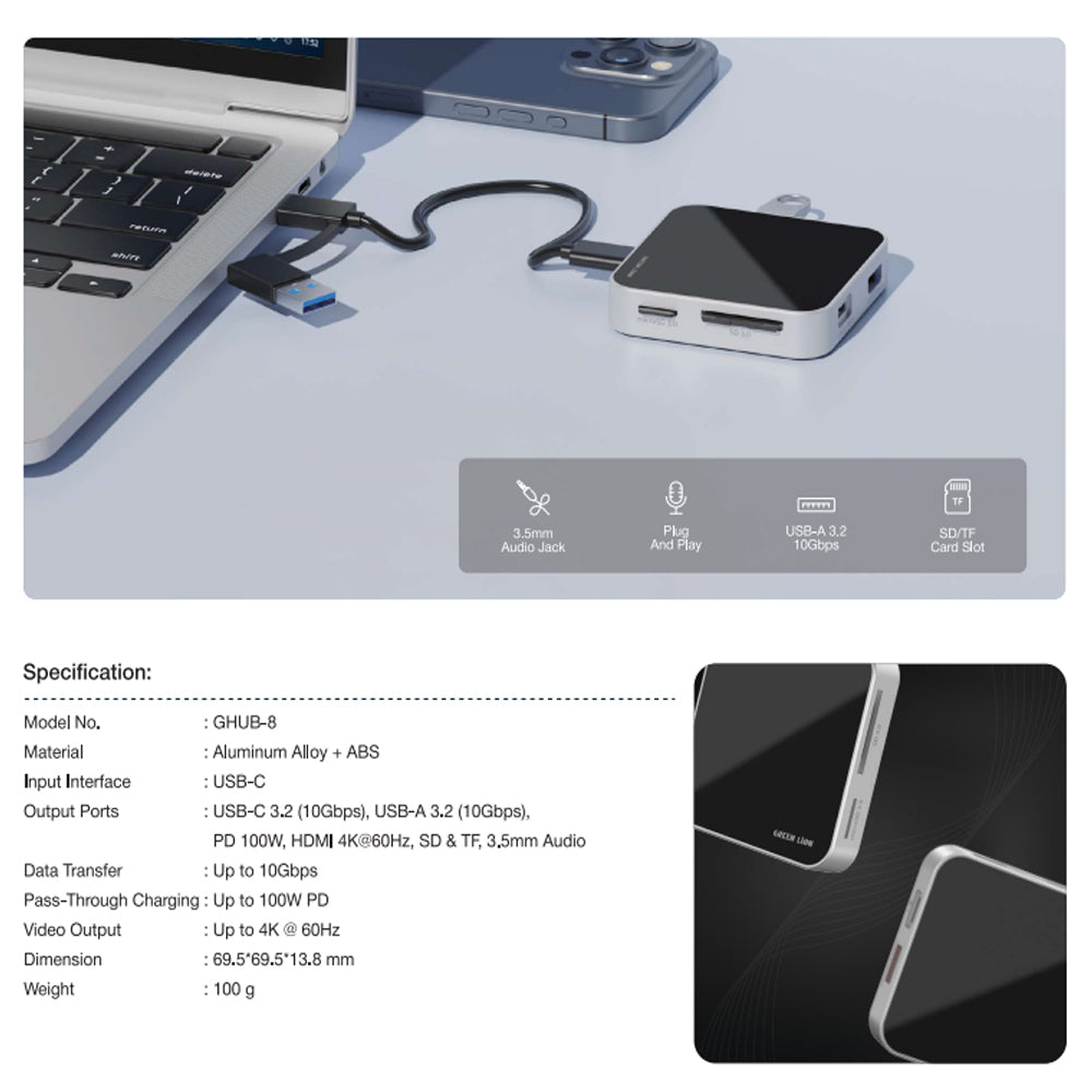 Green Lion 8-in-1 Magsafe USB-C Hub – 4K HDMI, 100W PD & Multi-Port