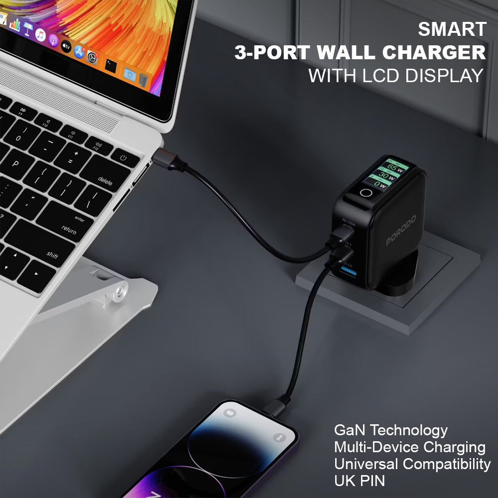 Porodo Nexora 65W 3-Port GAN Wall Charger with LCD Display