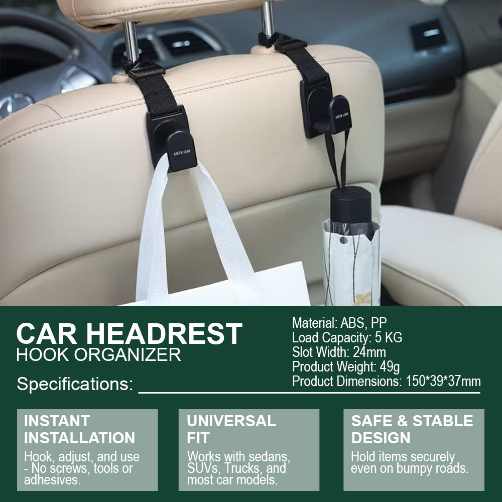 Green Lion Car Headrest Belt Hook Organizer - 5KG Capacity (2 Pieces)