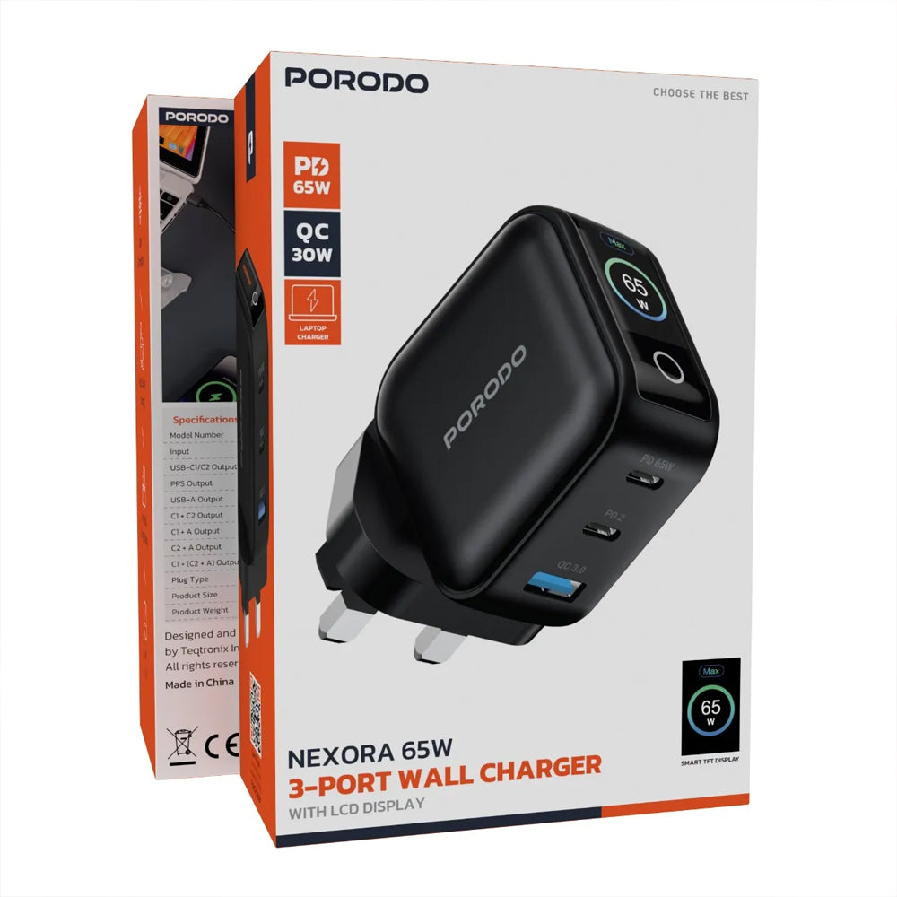 Porodo Nexora 65W 3-Port GAN Wall Charger with LCD Display