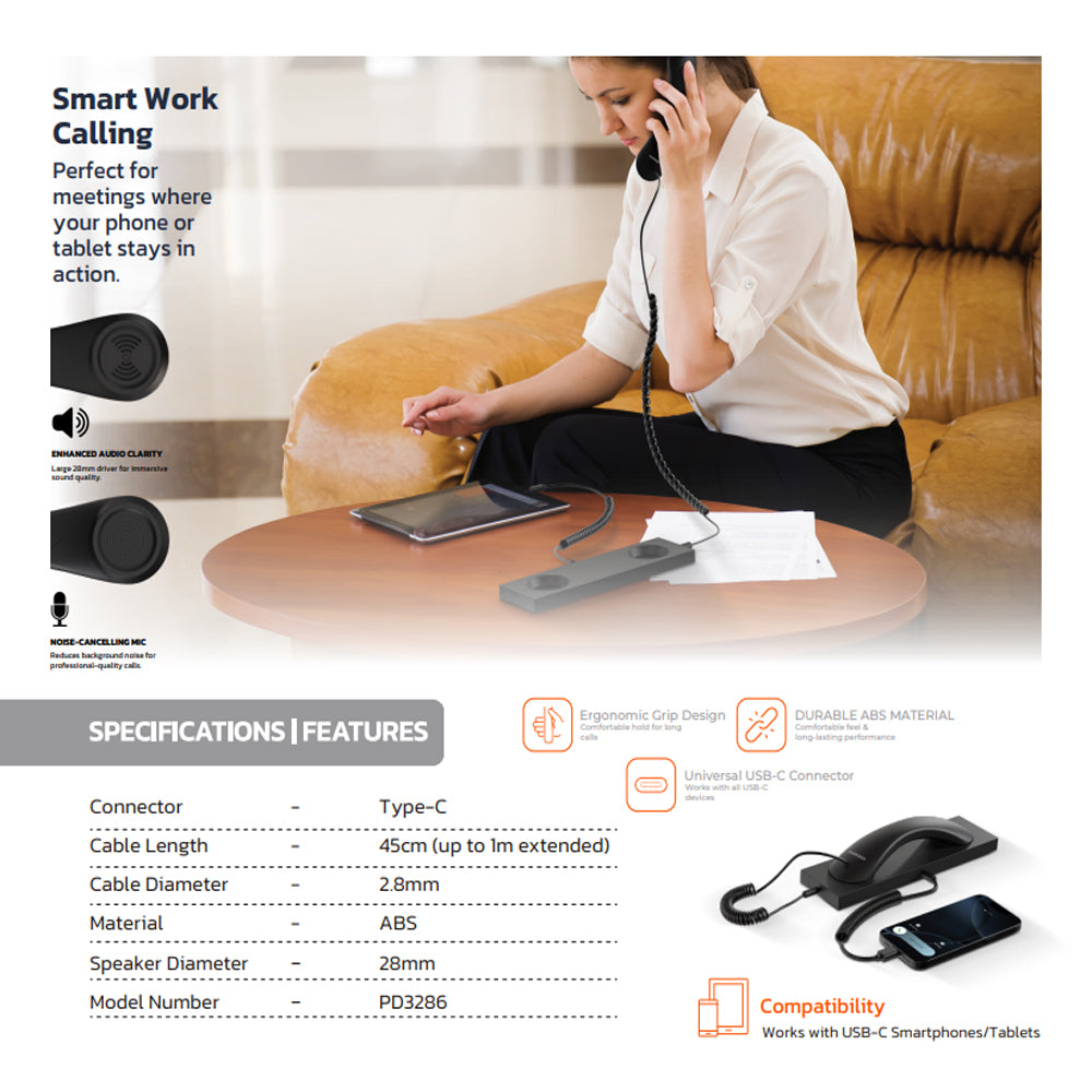 Porodo Classic Retro Phone Handset with Receiver - Type C Connecter