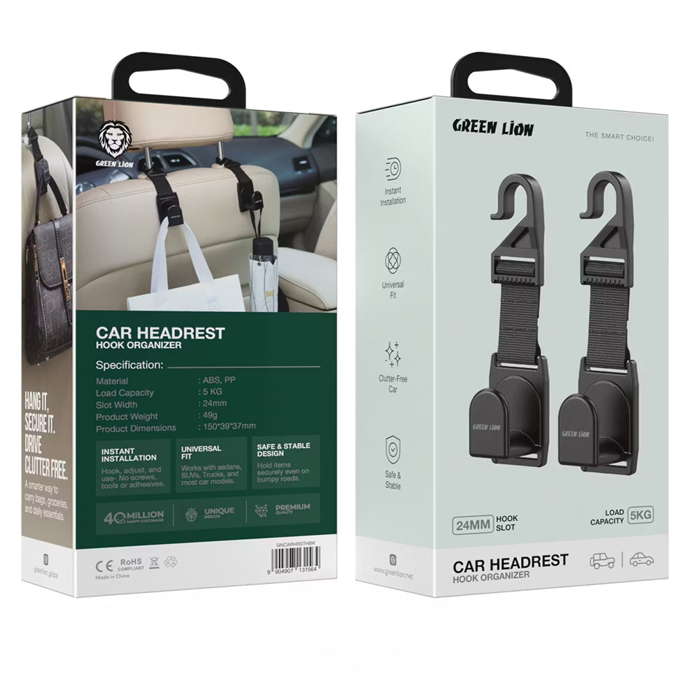 Green Lion Car Headrest Belt Hook Organizer - 5KG Capacity (2 Pieces)