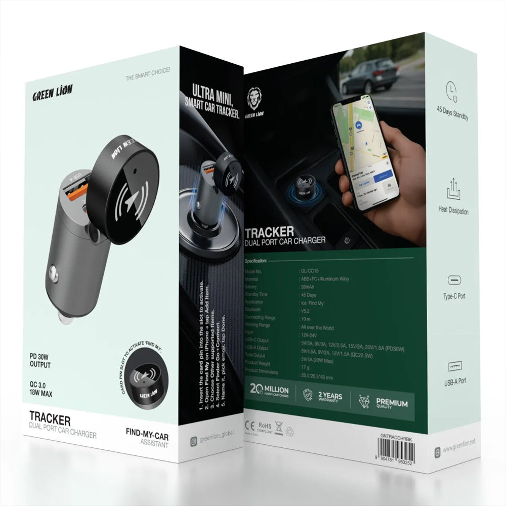 Green Lion Dual-Port Fast Car Charger with Integrated Global Car Tracking System