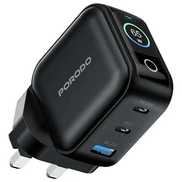 Porodo Nexora 65W 3-Port GAN Wall Charger with LCD Display